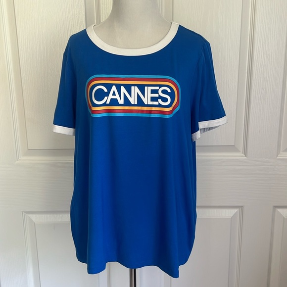 NWT Cannes France Blue and White Ringer Tee Shirt Forever Twenty One Plus Sz 2X - Picture 1 of 14